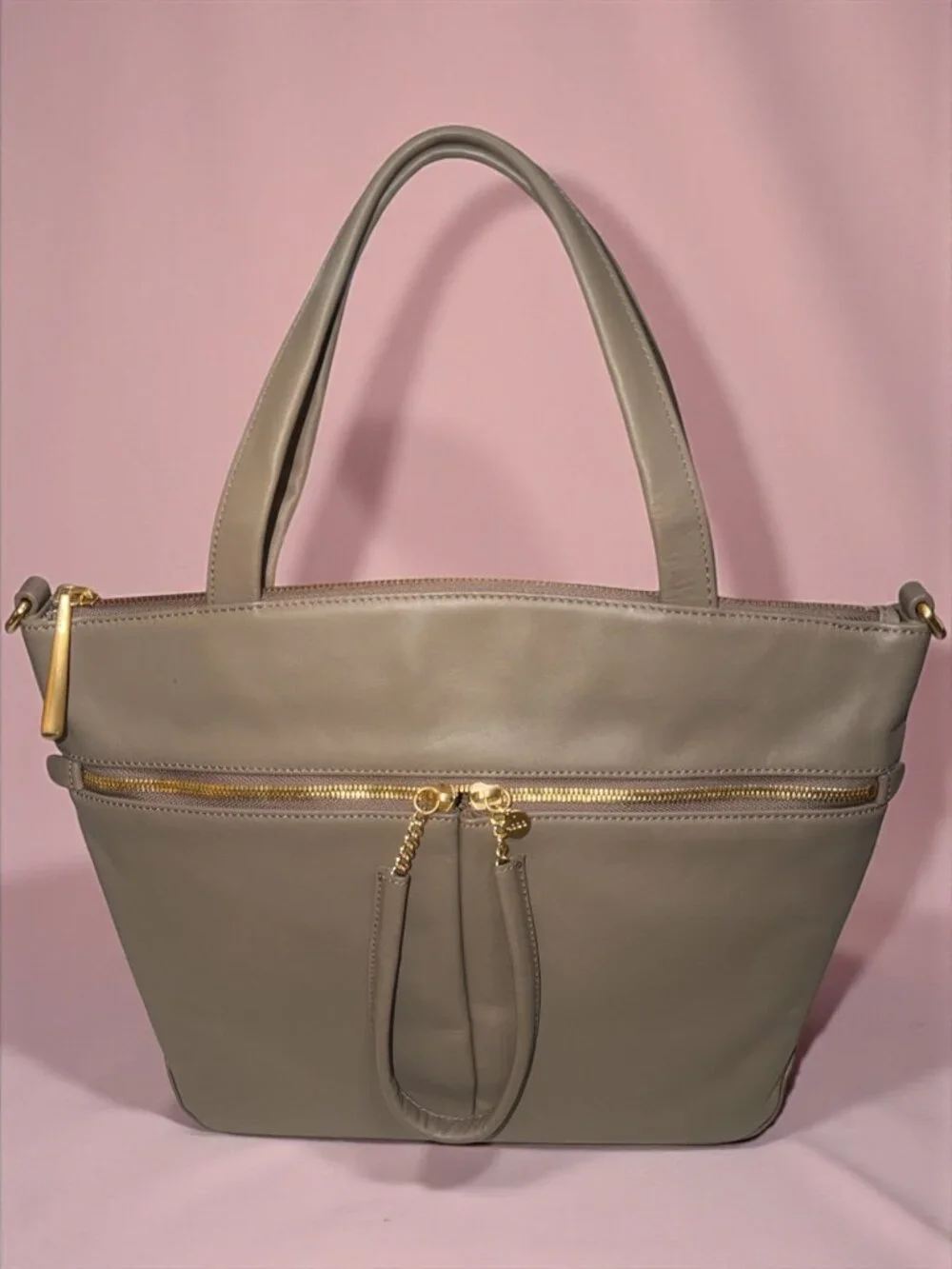 HOBO Double Zip Satchel Taupe Matte Leather Brass Shoulder Bag Detachable Strap
